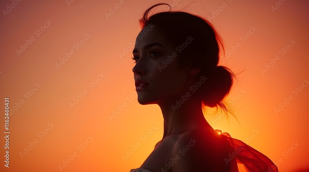 Silhouette Woman Sunset Profile Warm Orange Hues Silhouette Woman Sunset Profile Warm Orange Hues