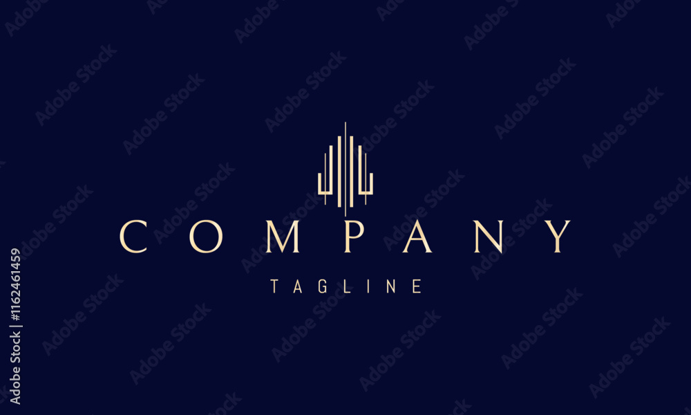Fototapeta premium Vector golden logo with an abstract image of a skyscraper in the shape of a tower.