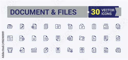 Document And Files icons set in linear style. Featuring art, contract, page, business, mail, note, research and more. Minimal linear icons. Solid line editable stroke. Vector line and solid icons.