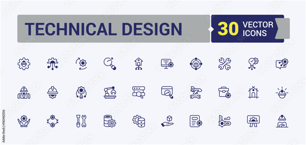 Technical Design icons set. Contains related to work, process, technology, industrial, mechanic and more. Icons for UI. Vector outline and solid icons collection. Technical Design icons set. Contains related to work, process, technology, industrial, mechanic and more. Icons for UI. Vector outline and solid icons collection.