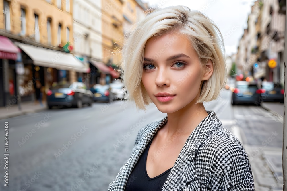 Stylish blonde woman walking on the city street with copy space.