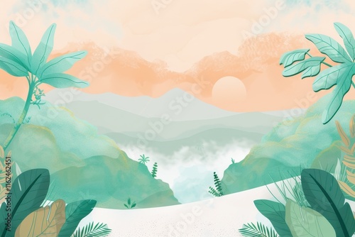 Lush Green Foliage and Hills with an Orange Sunset Sky