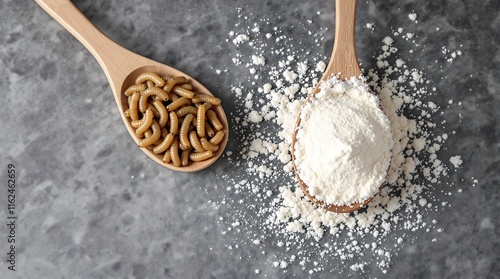 Edible Mealworms and Flour on a Grey Granite Table in Wooden Spoons, Highlighting Tenebrio Molitor Larvae as a Source of Protein in Culinary Goods photo