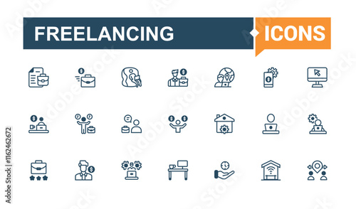 Freelancing linear icon. Containing remote, home, laptop, freelance, work, freelancer, company and more. Web icons. Vector line and solid icons.