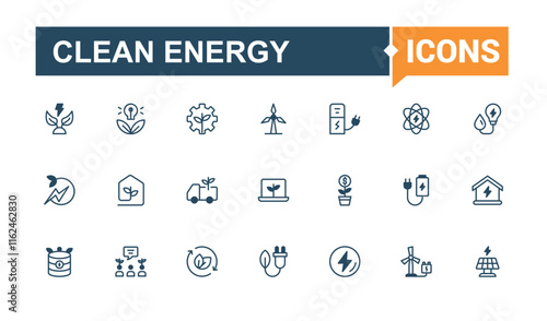 Clean Energy icon set. Includes icons for power, Green, Energy, battery, ecology, electricity and more. Set of line pictogram. Solid line editable stroke. Vector line and solid icons.