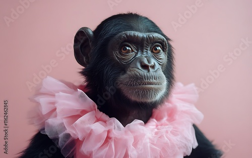 Close-up portrait of a young chimpanzee wearing a pink ruffled collar against a pink background. photo