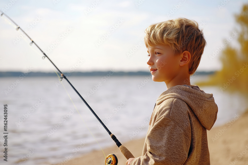 Young Boy Enjoying a Peaceful Fishing Day by the Lake Shoreline
