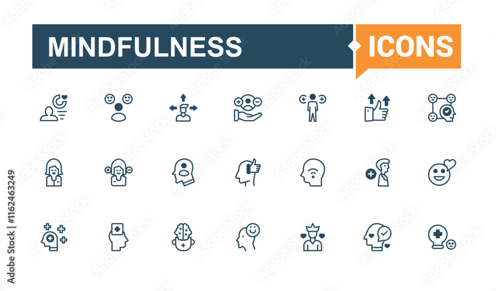 Mindfulness icon set. Includes icons for emot, Positive Thinking, good, attitude, courage, think, mindedness, loved. Collection for mobile and web apps. Solid line editable stroke. Mindfulness icon set. Includes icons for emot, Positive Thinking, good, attitude, courage, think, mindedness, loved. Collection for mobile and web apps. Solid line editable stroke.