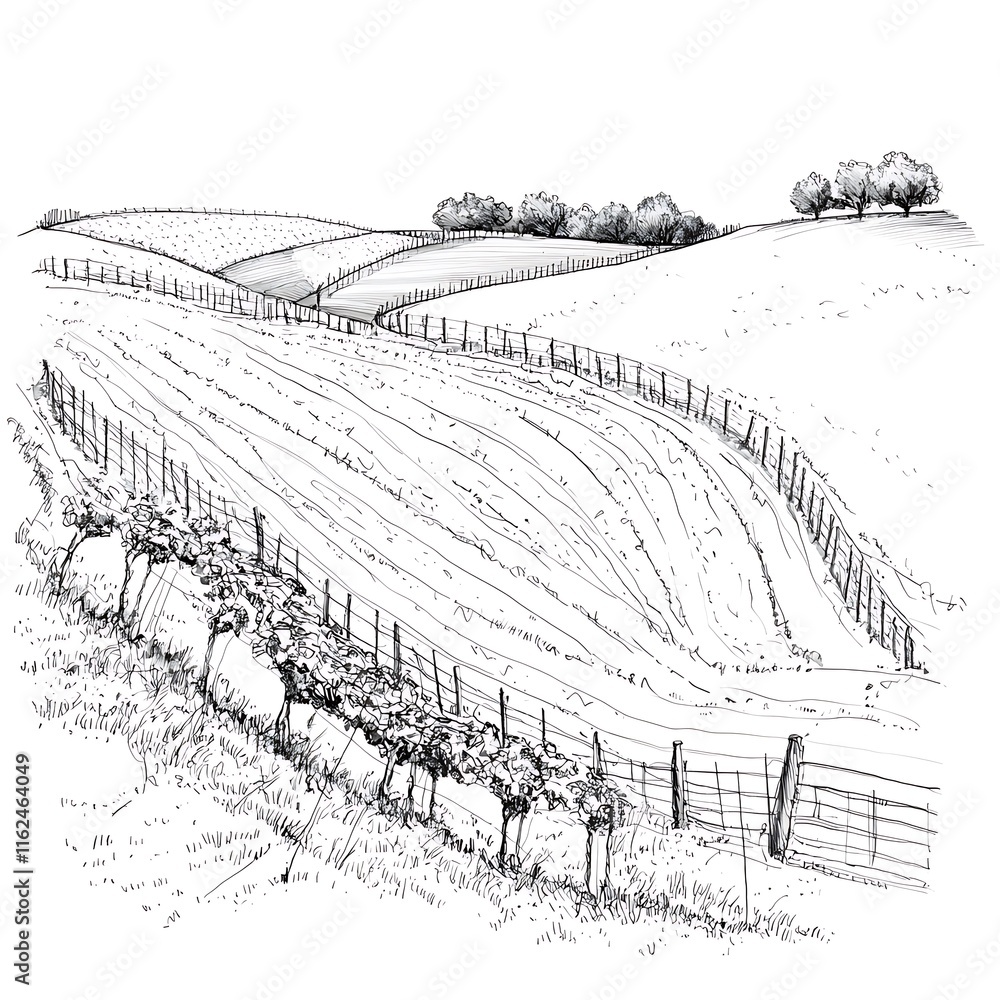 Fototapeta premium Black and White Sketch of Rolling Hills with Vineyard and Fenced Fields.