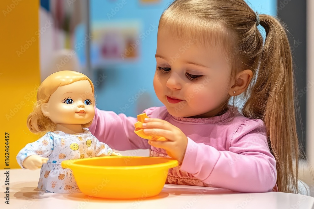 Toddler Feeding Doll with Toy Utensils in Playroom Setting Toddler Feeding Doll with Toy Utensils in Playroom Setting
