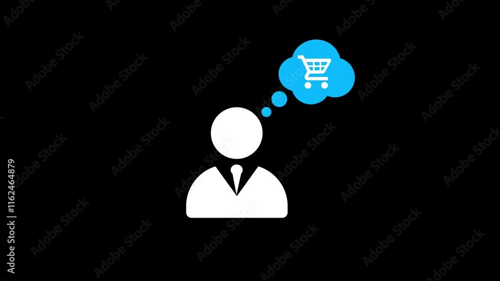 Silhouette of a business person thinking about shopping with a cart icon in a thought bubble. Silhouette of a business person thinking about shopping with a cart icon in a thought bubble.