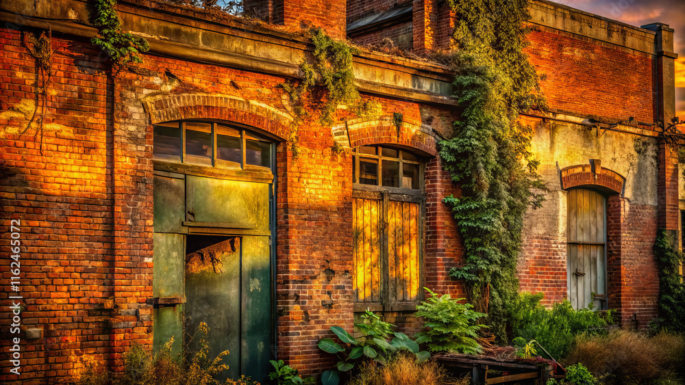 Fototapeta premium Urban oasis of decay, showcasing abandoned architecture intertwined with nature reclamation. vibrant colors and textures evoke sense of nostalgia and beauty in neglect