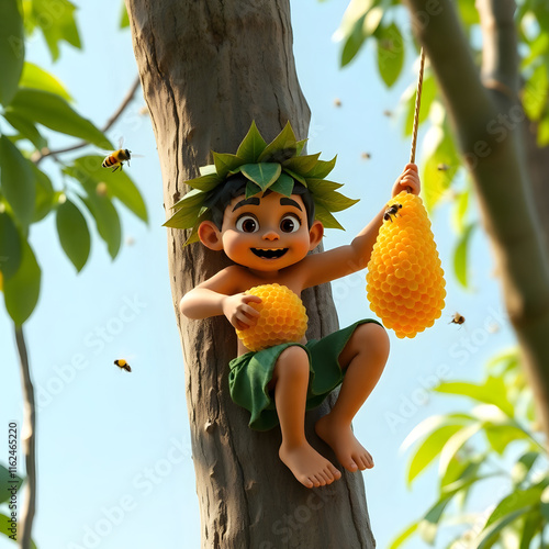 3D Animation Cartoon Boy Character High-Quality Rendered Image. Joyful 3D cartoon boy explorer in the jungle with his expression. 3D render, adventure, jungle.