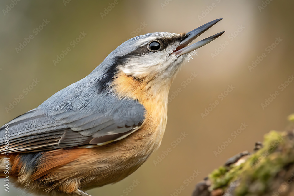 Close-up of a singing nuthatch bird on a branch in nature. Close-up of a singing nuthatch bird on a branch in nature.