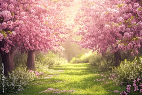 Pathway through blooming cherry blossom trees in a serene park setting