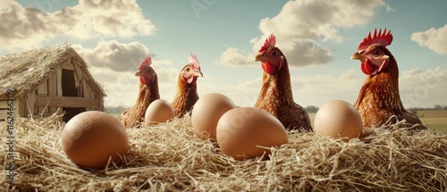 Chickens in a Barnyard: Fresh Eggs Nestled in Straw photo