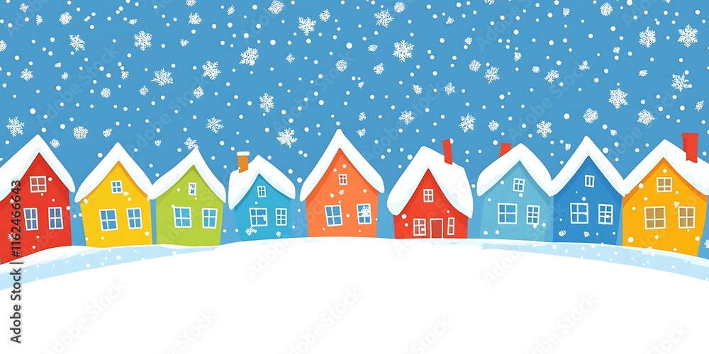 colorful houses in snowy winter landscape with falling snowflakes and christmas village background illustration colorful houses in snowy winter landscape with falling snowflakes and christmas village background illustration