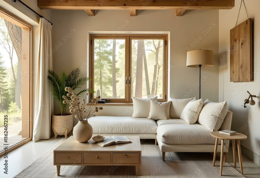 A rustic and cozy living room with a large window, a white couch, and natural decor elements like a wooden coffee table A rustic and cozy living room with a large window, a white couch, and natural decor elements like a wooden coffee table