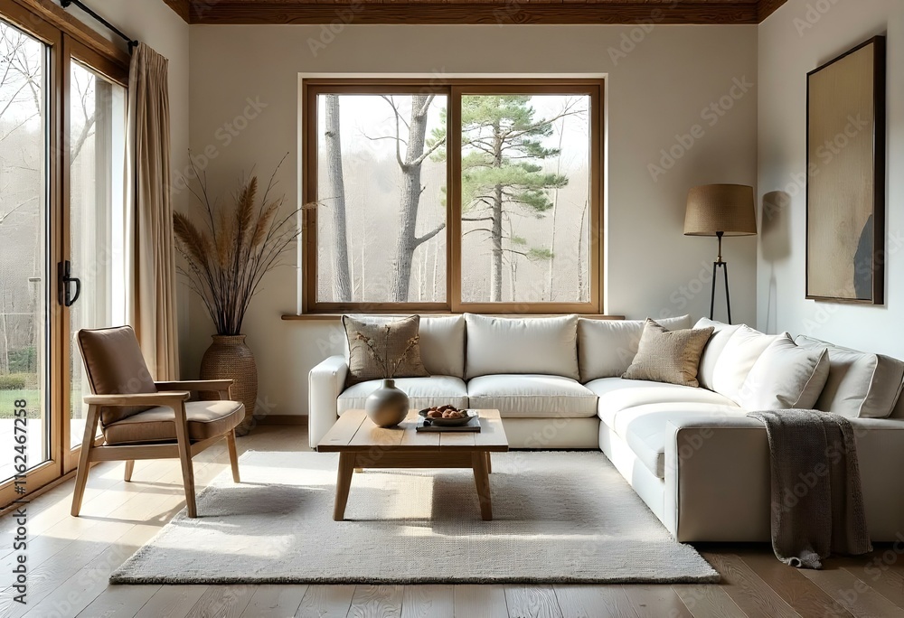 A rustic and cozy living room with a large window, a white couch, and natural decor elements like a wooden coffee table A rustic and cozy living room with a large window, a white couch, and natural decor elements like a wooden coffee table