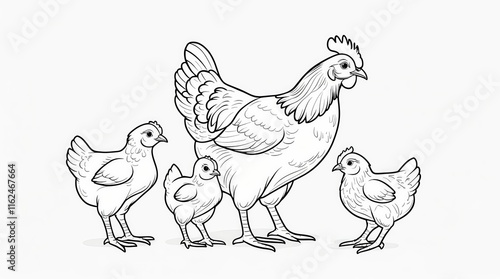 A charming monochrome line art depiction of a mother hen protecting her three small chicks