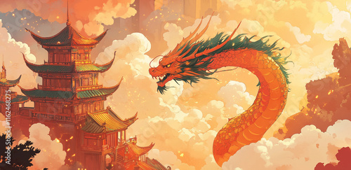 Chinese dragon in the clouds behind ancient Chinese building illustration
