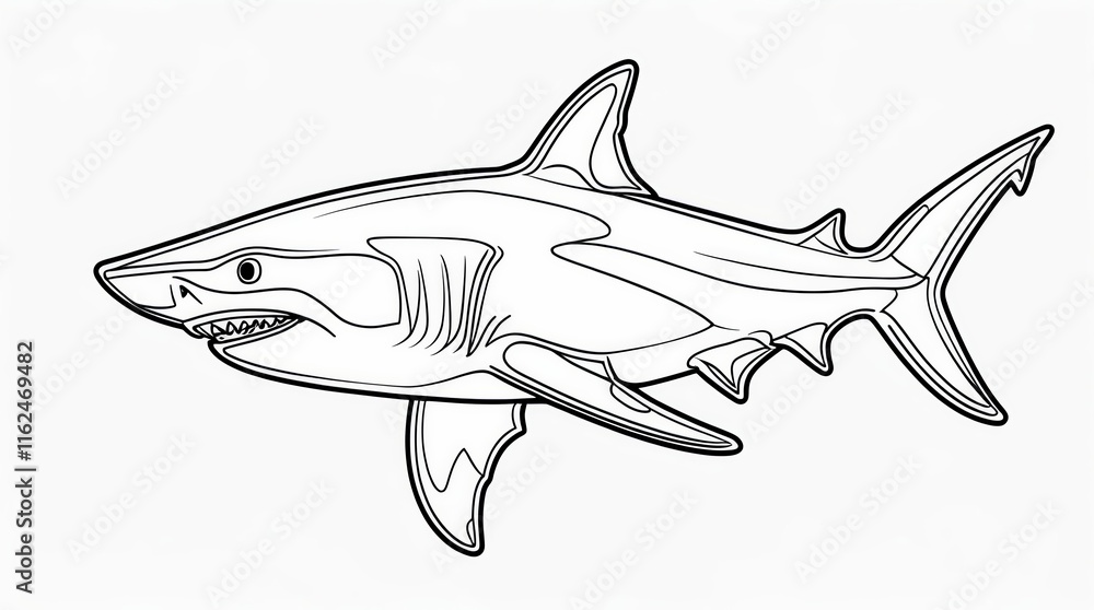 Fototapeta premium A striking monochrome line art illustration of a powerful shark with open jaws and sharp teeth