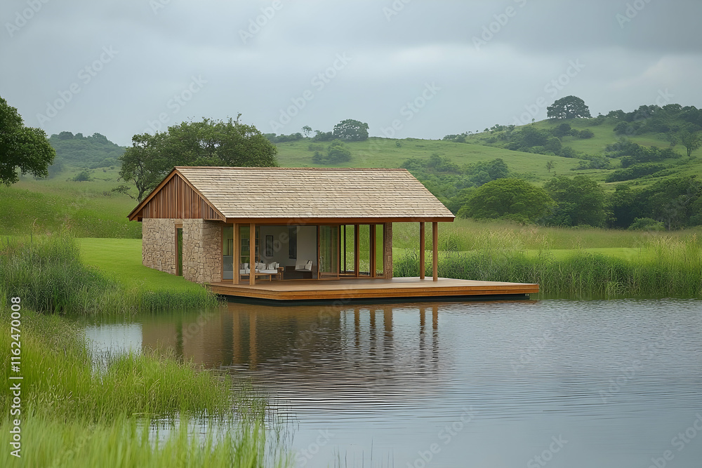 Obraz premium Serene lakeside cabin retreat; tranquil landscape, wooden architecture, calm water reflection. Ideal for relaxation and peaceful getaways.