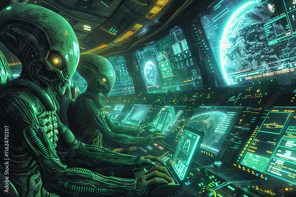 Two aliens are sitting in front of computer monitors Two aliens are sitting in front of computer monitors