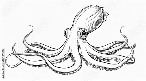 A detailed monochrome line drawing of an octopus with its tentacles gracefully extended photo