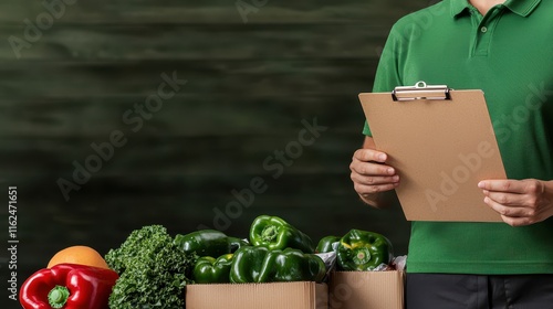 Donation Center Disaster Concept, Volunteer Organizing Food Distribution While Holding Clipboard in Community Outreach Initiative photo