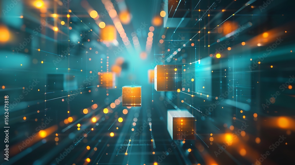 Fototapeta premium Glowing cubes connected by lines create a digital network. Represents data flow, connectivity, and abstract technology concepts.