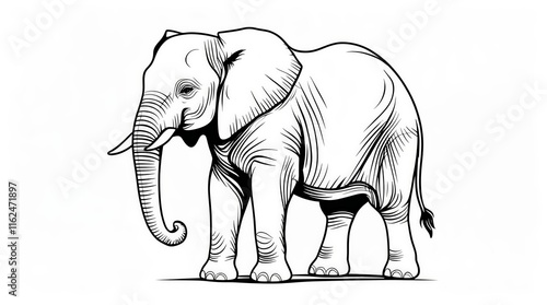 A majestic monochrome illustration of an elephant with detailed line work on a plain background suitable for drawing book