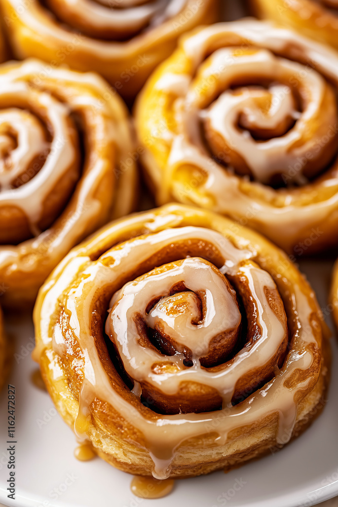 Fototapeta premium Freshly baked glazed cinnamon rolls with pouring homemade caramel topping served on white plate, close up. Delicious dessert pastry background.