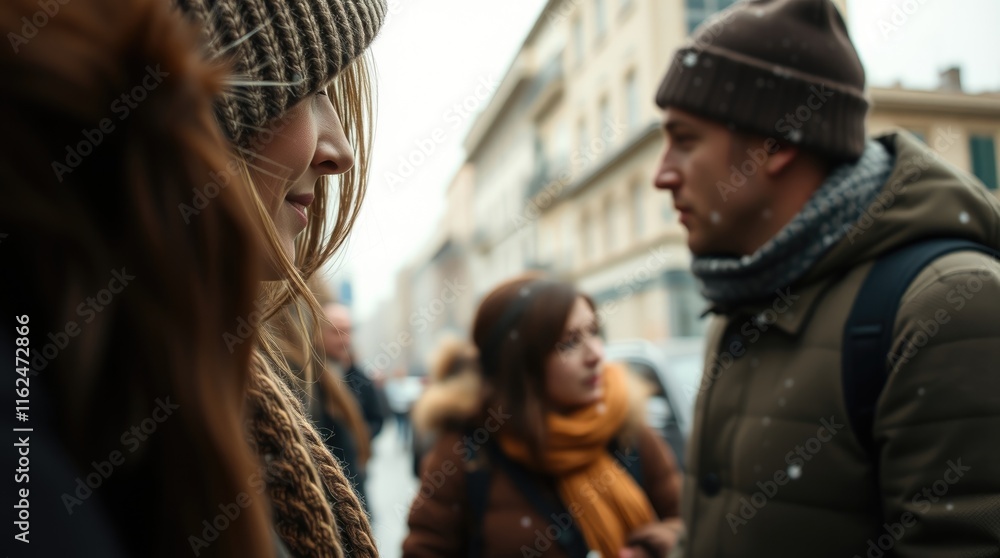 Fototapeta premium In a vibrant urban setting, close-up portraits showcase passers-by engaged in animated discussions, each face reflecting the unique stories of city life