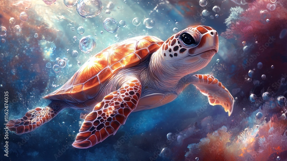 Obraz premium A vibrant underwater scene featuring a turtle swimming amidst colorful bubbles.