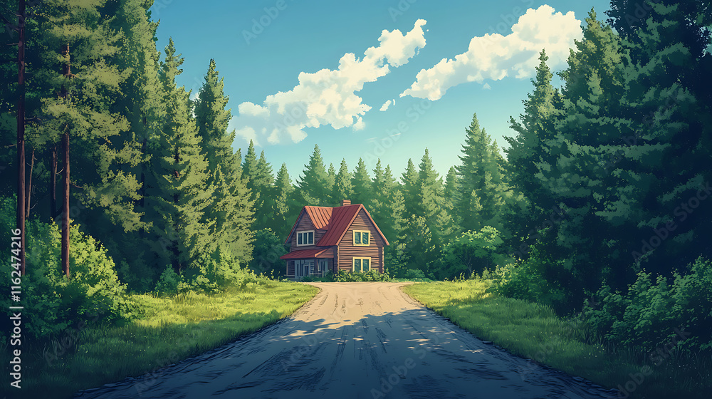 serene forest road leads to charming house surrounded by tall trees, evoking sense of tranquility and nature beauty. Perfect for peaceful retreat serene forest road leads to charming house surrounded by tall trees, evoking sense of tranquility and nature beauty. Perfect for peaceful retreat