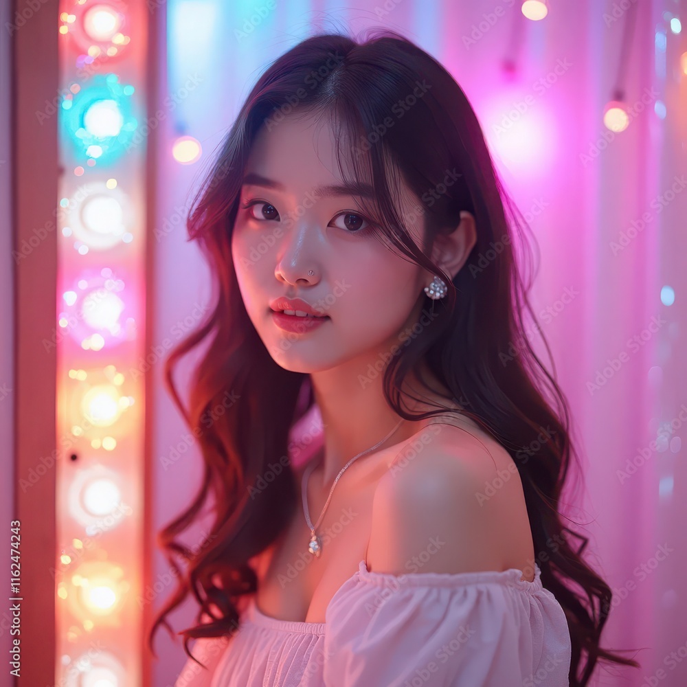 A captivating portrait of a young woman in soft pastel lighting, surrounded by vibrant colorful lights, showcasing elegance and modern charm. Generative AI