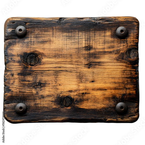 Rustic wooden sign with metal rivets, isolated on black background. photo