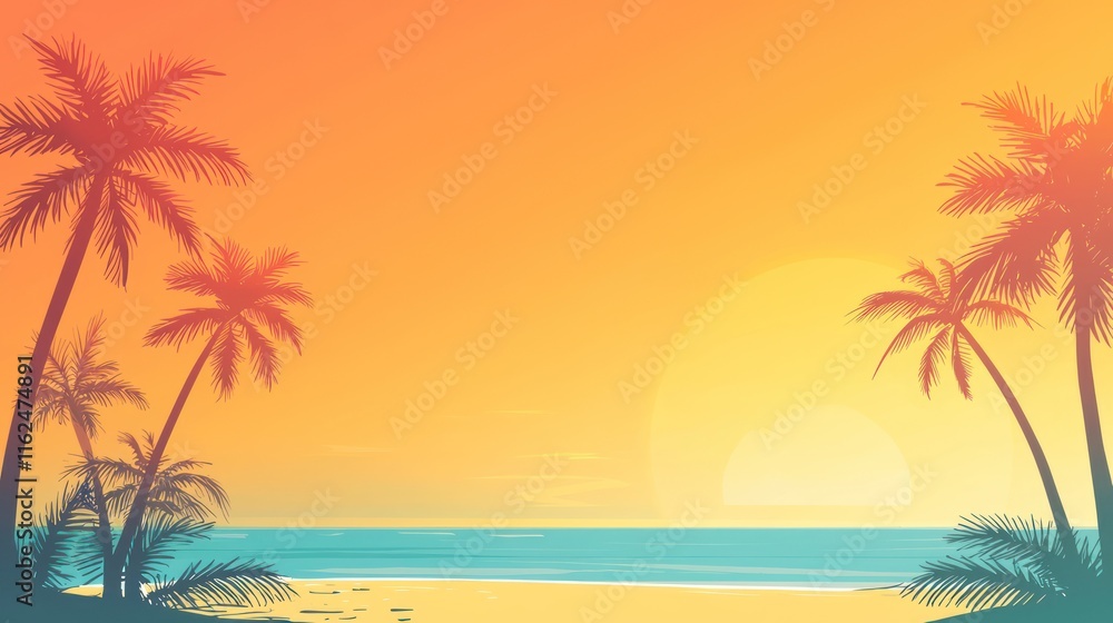 Tropical Sunset Beach Scene With Palm Trees Tropical Sunset Beach Scene With Palm Trees