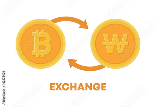 Illustration of exchanging and converting Bitcoin, an online cryptocurrency created using blockchain technology, and the Korean money 'won', a currency of money.