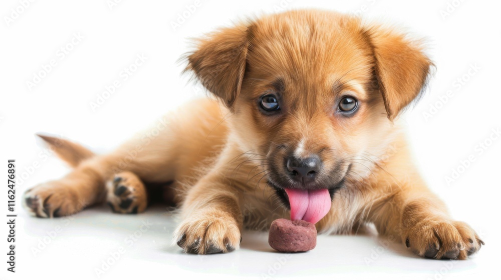 Cute puppy licking a treat with playful expression on isolated white background Cute puppy licking a treat with playful expression on isolated white background
