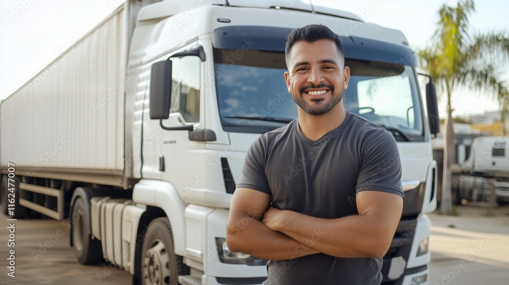 Smiling truck driver standing confidently in front of a large delivery truck at a transportation facility in the afternoon sun Smiling truck driver standing confidently in front of a large delivery truck at a transportation facility in the afternoon sun
