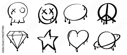 Graffiti y2k groovy tattoo hand drawn paint with splatter street drawing. Heart, smile arrow elements, ink print. Trendy splash brush illustrations.