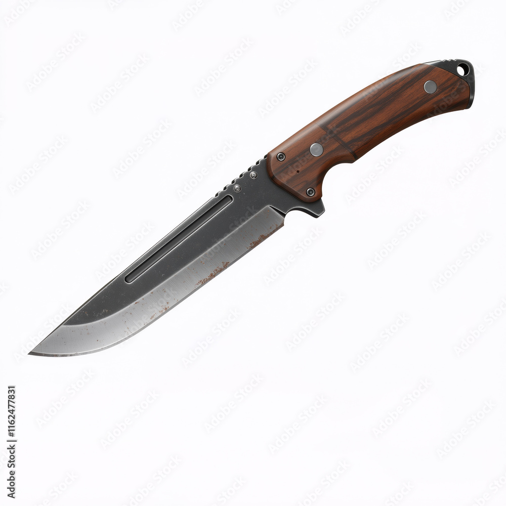 Tactical combat or outdoor utility knife with wood handle and slightly rusty carbon steel blade - isolated on white background Tactical combat or outdoor utility knife with wood handle and slightly rusty carbon steel blade - isolated on white background