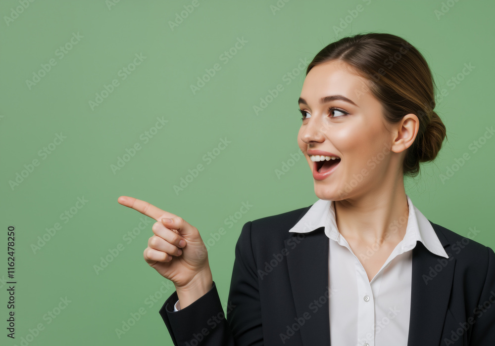 Model pointing her finger, highlighting with her hand a product promotional text, business woman outfit aesthetic - isolated background, advertising campaign person portrait. Model pointing her finger, highlighting with her hand a product promotional text, business woman outfit aesthetic - isolated background, advertising campaign person portrait.
