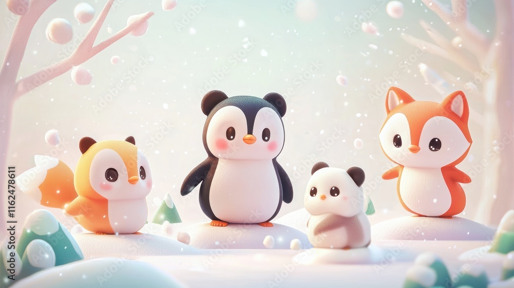 Naklejka premium Adorable winter animals playing in the snow