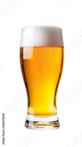 Refreshing golden beer with thick white foam head in a clear glass on transparent background, perfect for beverage and refreshment concepts