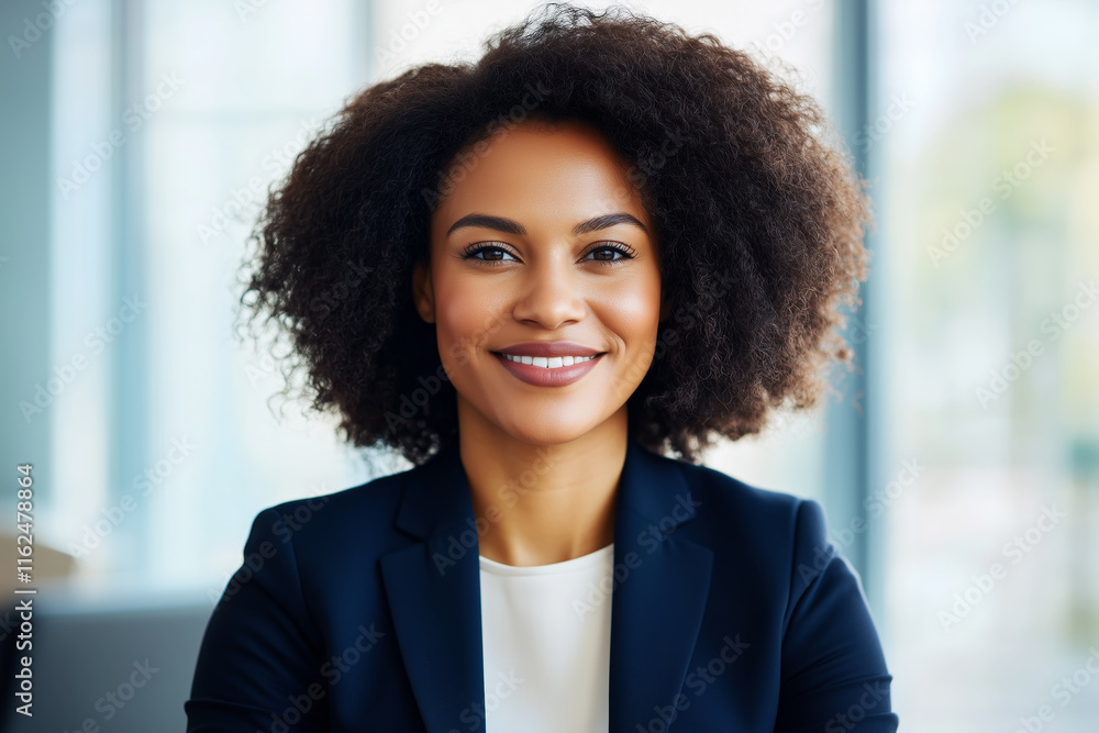 Portrait of a smiling African American woman in her late 30s, wearing a navy blazer in a professional office setting Portrait of a smiling African American woman in her late 30s, wearing a navy blazer in a professional office setting