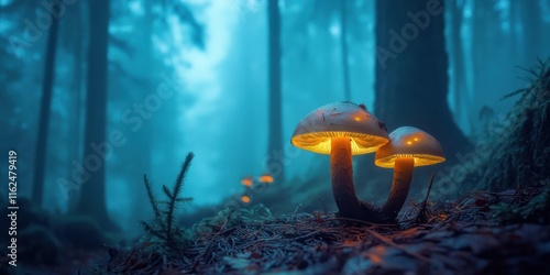 Fototapeta Naklejka Na Ścianę i Meble -  A surreal mushroom landscape with bioluminescent mushrooms glowing softly in a misty forest