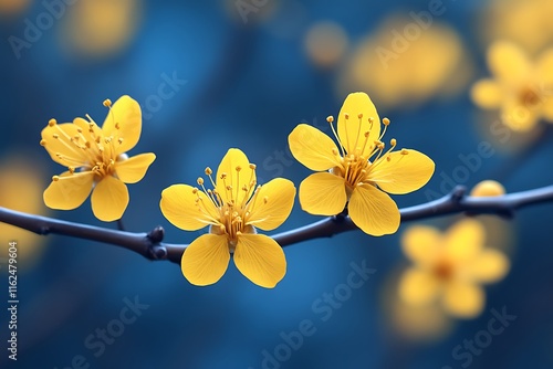 Fototapeta Naklejka Na Ścianę i Meble -  Yellow Flowers Blossom on Branch Against Blue Background